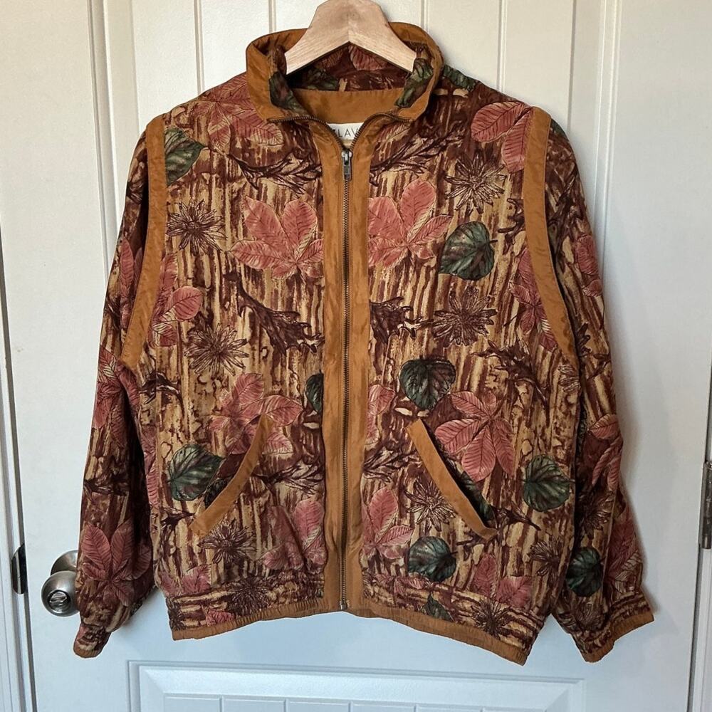 Vintage 90s Lavon Petite Fall Silk Zip Up Jacket PS Brown/Pink